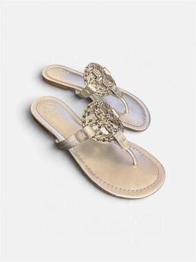 Tory Burch Silver Metallic Logo Medallion Thong Sandals